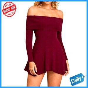 Off Shoulder Long Sleeve Mini Dress Sweater Knit A-Line Ruffle Cocktail